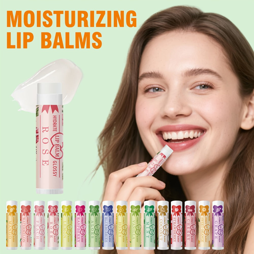 Flavored Lip Balm Set 16 Pack – Assorted Scented Moisturizing Lip Balms for Long-Lasting Hydration & Natural Shine | Bulk Lip Care Kit for Dry Lips | Gift Set for Women, Girls & Teens, All Skin Types
