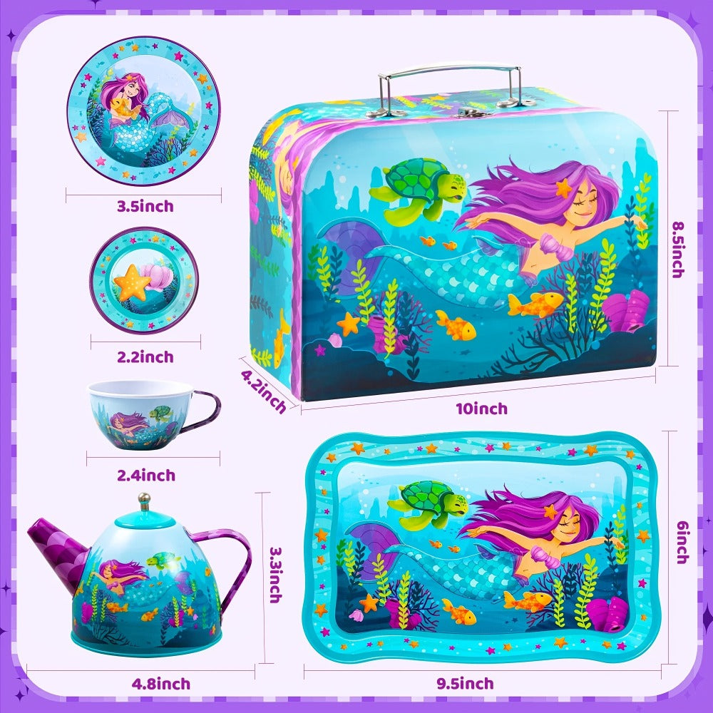 Mermaid Tea Party Set for Girls 21pcs – Tin Teapot, 4 Cups, Saucers, Plates & Carrying Case | Pretend Play Kitchen Toy for Toddlers, Birthday & Christmas Gift for Girls Ages 3 4 5 6