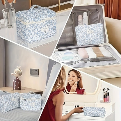 Quilted Makeup Bag Set 3 Pcs Floral Pattern Large Capacity Travel Cosmetic Organizer with Gold Zipper — Polyester Skincare Toiletry Pouch Blue Pink Peacock for Women