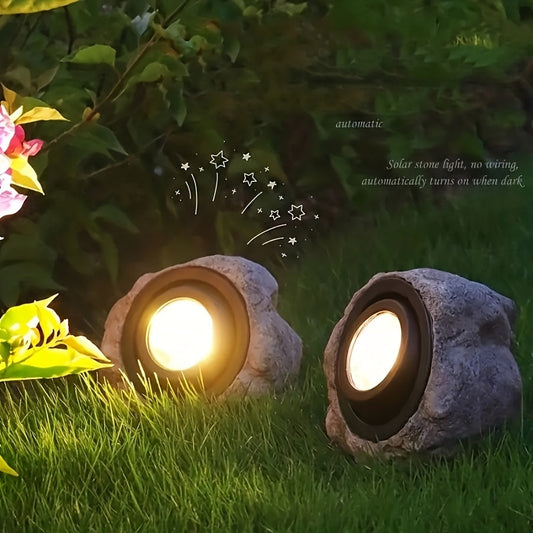 Solar Rock Lights Outdoor Set of 2 IP44 Waterproof LED Warm White Fake Stone Garden Lights Auto Sensor for Lawn Pathway Park Villa Wedding Decor
