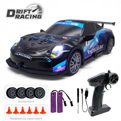 Alloy RC Drift Car 1:24 Scale 4WD 28KM/H with Drift Tires LED Lights Barricades & 2 Batteries – BSJ Crash-Resistant Remote Control Racing Car for Boys Girls Ages 6+ Birthday Christmas Gift Black Yellow