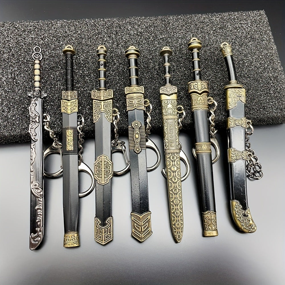 Miniature Metal Swords Set 7pcs Ancient-Inspired Collectible Pendant with Sheath – Military Theme Durable Metal Mini Sword Toy Gift for Anime Game Enthusiasts Ages 14+