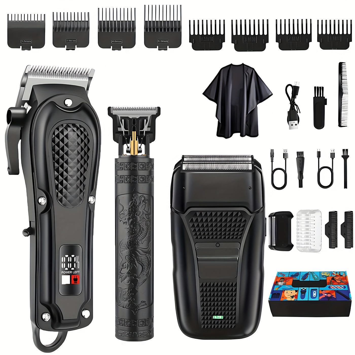 Men's Grooming Kit Hair Clipper Set USB Rechargeable LCD Display - Professional Clipper Razor T-Blade Trimmer 8 Guide Combs & Apron Complete Home Barber Kit Gold Black Gift for Men