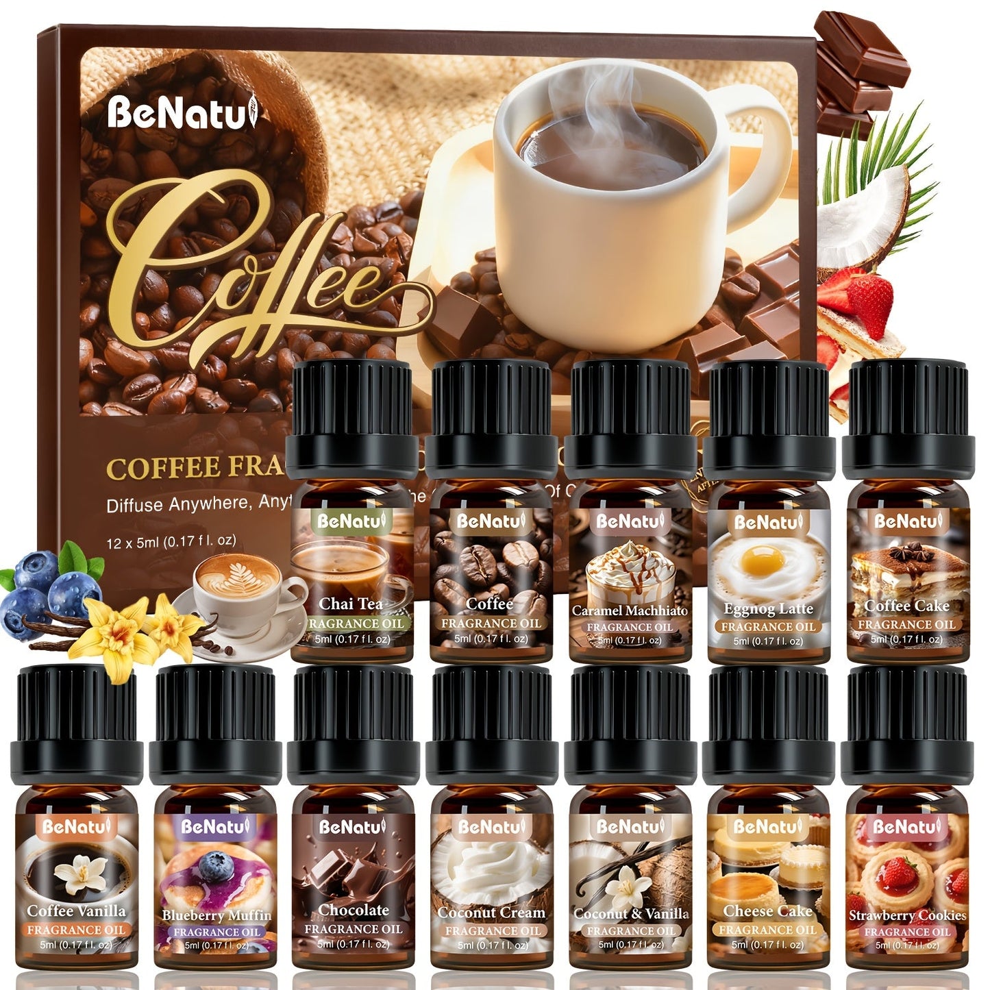 Essential Oil Set for Diffuser Humidifier Candle Making, Woody Coffee Date Night Garden Aroma Botanical Fragrance Oils, Sandalwood Cedarwood Lavender Peppermint Scents, Christmas Valentine Gift 12-24pcs