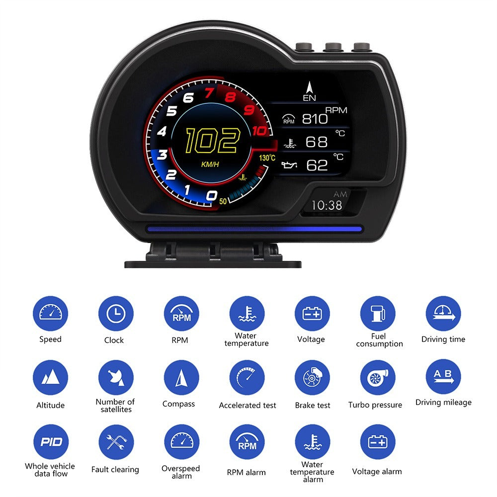 Car HUD Head-Up Display – OBD2 & GPS Dual System Digital Speedometer, Speed / Water Temp / Voltage / RPM Display, Universal Heads-Up Display for Most Vehicles