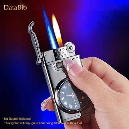 Metal Quartz Dial Double Flame Torch Lighter Windproof Refillable - Adjustable Flame, Open Fire | High-End Gift for Men & Women | 2 Colors | Butane Not Included