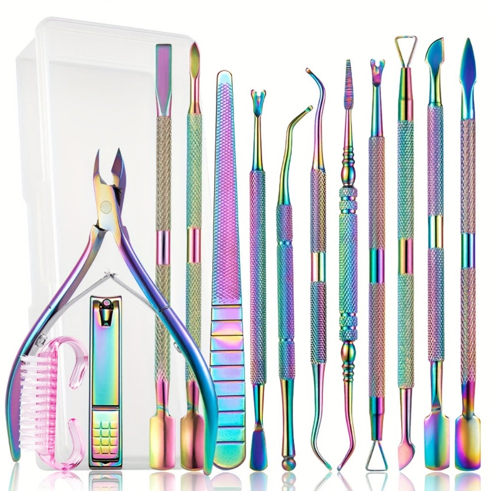 Nail Tech Kit 15pcs Professional Stainless Steel – Cuticle Nipper & Pusher Nail File Gel Polish Remover Complete Manicure Pedicure Tools with Storage Box, Salon & Home Nail Care Set Gift for Nail Technicians