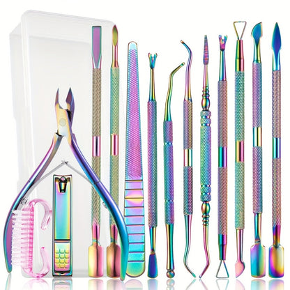 Nail Tech Kit 15pcs Professional Stainless Steel – Cuticle Nipper & Pusher Nail File Gel Polish Remover Complete Manicure Pedicure Tools with Storage Box, Salon & Home Nail Care Set Gift for Nail Technicians