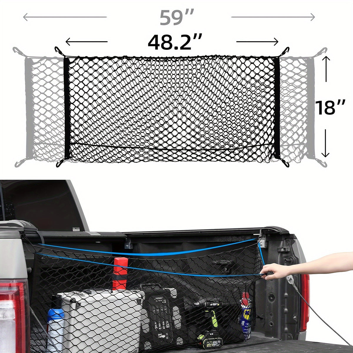 Elastic Mesh Net Organizer for Truck Bed Cargo, Featuring Hooks for Grocery Storage And Cargo Management in Pickup Trucks