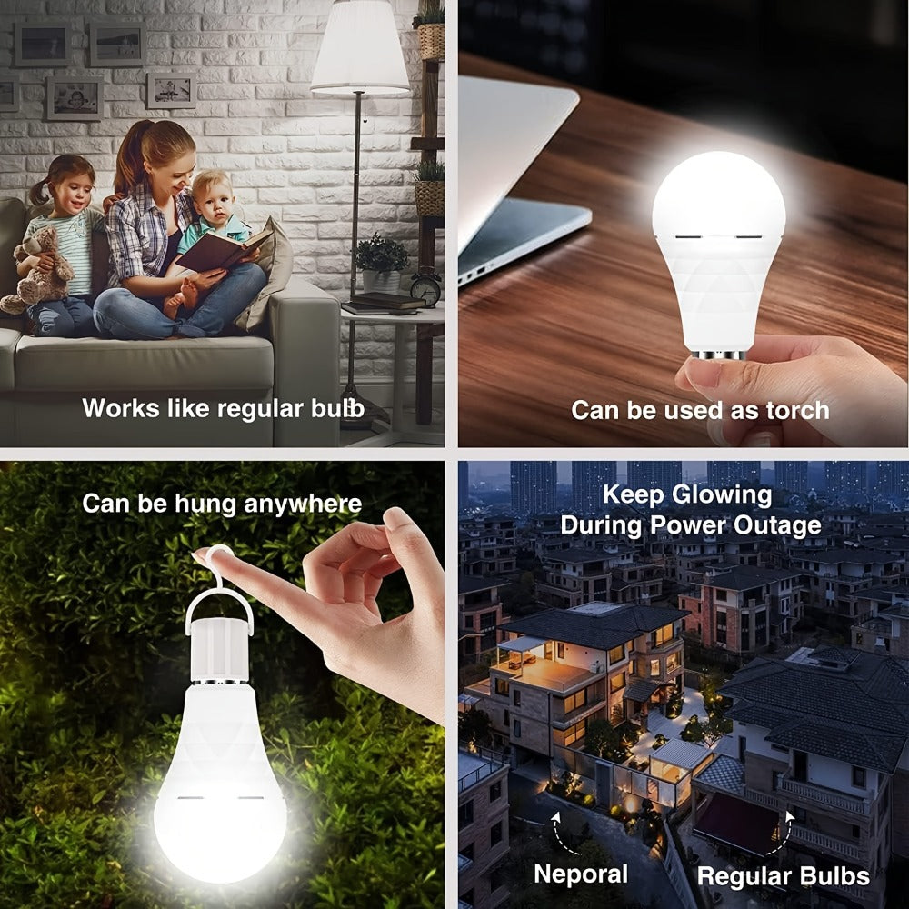 Rechargeable Emergency LED Light Bulb 12W 6500K 2000mAh with Polished Metal Finish – Spherical Design Half-Flip Installation Backup Battery Bulb for Camping Hiking Indoor Outdoor Power Outage, 4 Pack