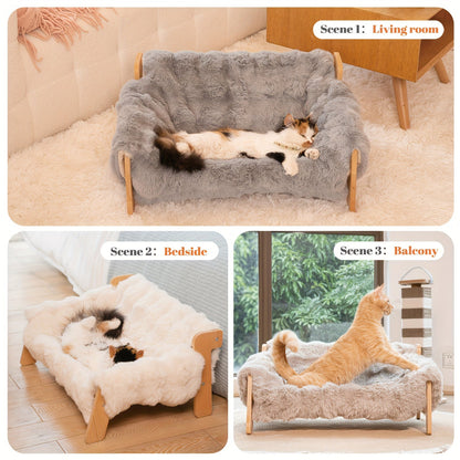 Raised Solid Wood Pet Couch Bed Elevated Modern Cat & Dog Sofa Chair 27x18x12 Inch - Thick Wide Wood Frame Space-Saving Cozy Pet Furniture for Cats & Small Dogs in White & Grey