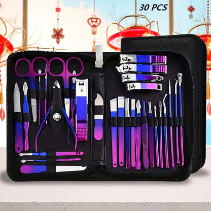 Manicure Set 9 18 30 60pcs Professional Nail Clipper Pedicure Kit Portable Travel Grooming Tools — Cuticle Trimmer Nail File Nail Care Gift Set for Women Girls, Gradient Pink Black Green