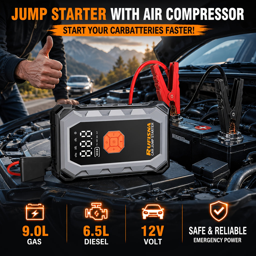15000A-18000A Peak Jump Starter with Air Compressor, 12V Car Battery Charger, 150 PSI Fast Tire Inflator, All-in-One Emergency Power Bank, LED Flashlight, USB Output, Heavy Duty Jump Starter for Gas & Diesel Cars, SUV, Truck, Roadside Rescue Kit.