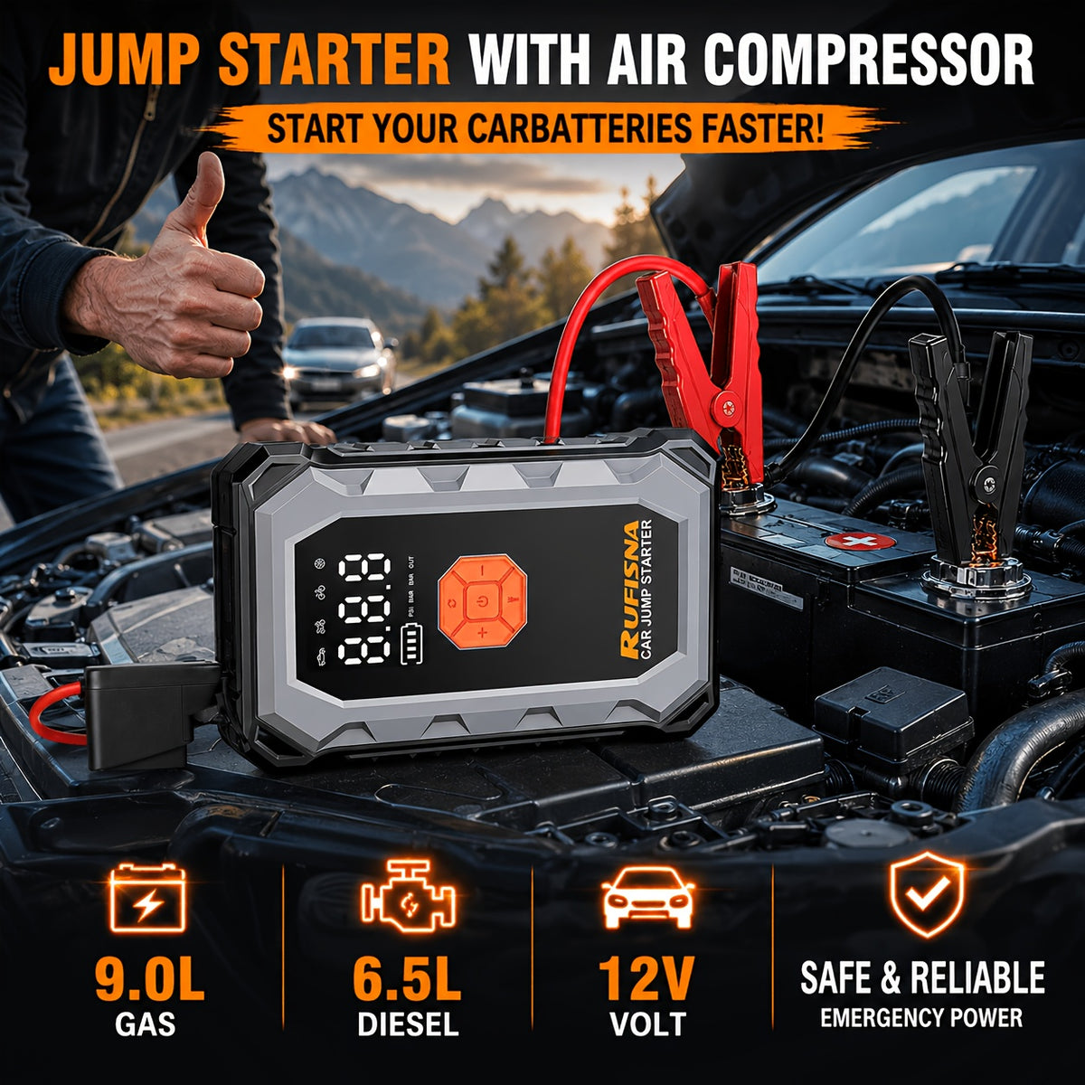 15000A-18000A Peak Jump Starter with Air Compressor, 12V Car Battery Charger, 150 PSI Fast Tire Inflator, All-in-One Emergency Power Bank, LED Flashlight, USB Output, Heavy Duty Jump Starter for Gas & Diesel Cars, SUV, Truck, Roadside Rescue Kit.