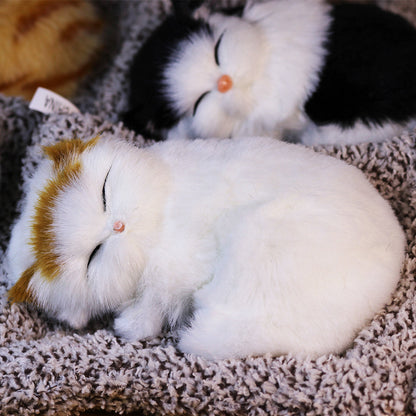 Stuffed Cat Plush Toy Realistic Sleeping Kitten with Meow Sound Soft Faux Fur Simulation Cat Doll Desk Decor Birthday Christmas Gift for Kids Cat Lovers