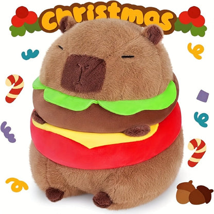 Capybara Plush Stuffed Animal Hamburger Burger Hat Funny Kawaii Soft Plush Toy Couch Pillow Doll Unique Meme Gift for Kids Teens Adults Birthday Christmas Holiday