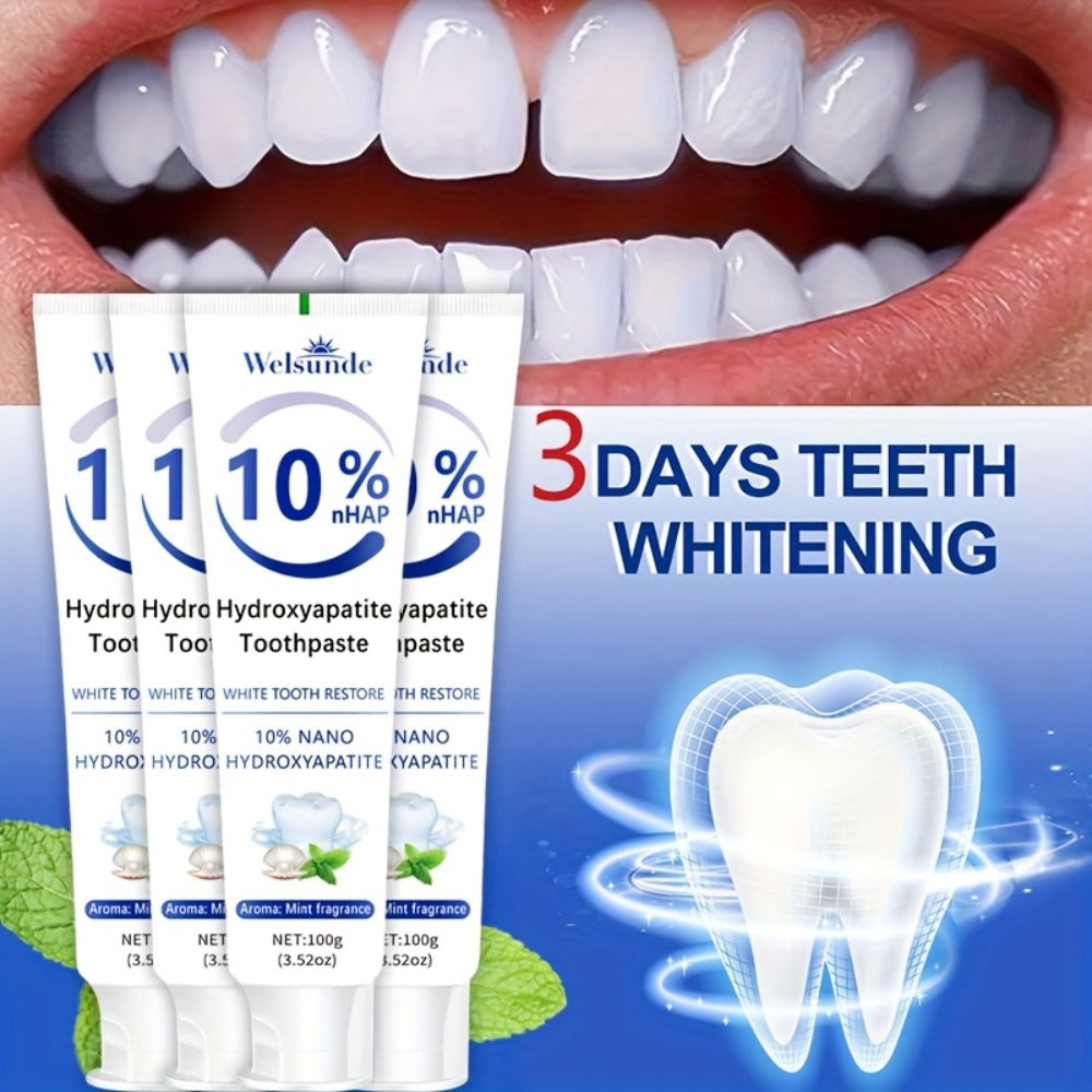 Hydroxyapatite Toothpaste 4-Pack – 10% Nano Formula with Baking Soda, Deep Cleaning & Whitening Gel, Mint Fresh Breath, Fluoride-Free Daily Oral Care for Everyone, Home & Travel Sleek Tube Design (400g)