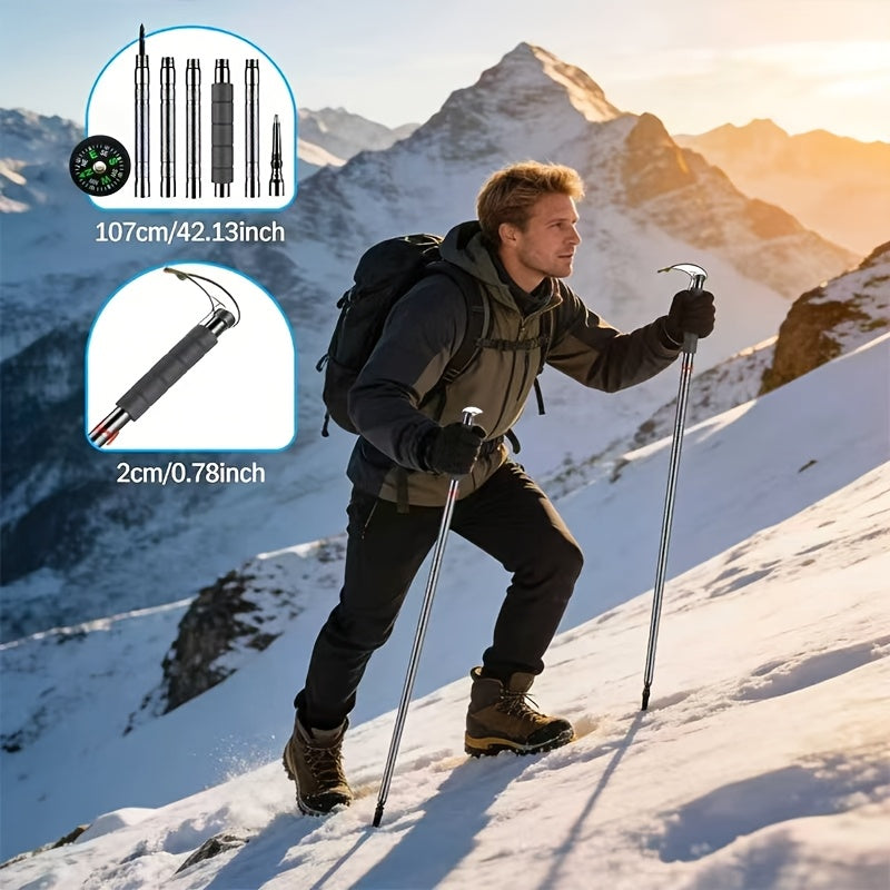 Adjustable Trekking Pole Titanium Alloy Hiking Stick with Built-in Compass Combination Lock Canvas Storage Bag Lightweight Telescopic Walking Pole for Outdoor Hiking Camping Backpacking Trail