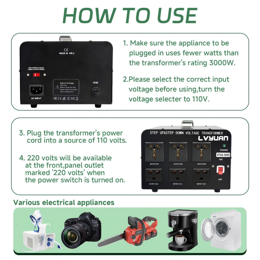 Heavy-Duty Voltage Converter Transformer 800W Continuous 5000W Peak - Step Up Step Down 110V to 220V, Aluminum Alloy Housing, Overload Indicator, Safety Protection, Black & White Options