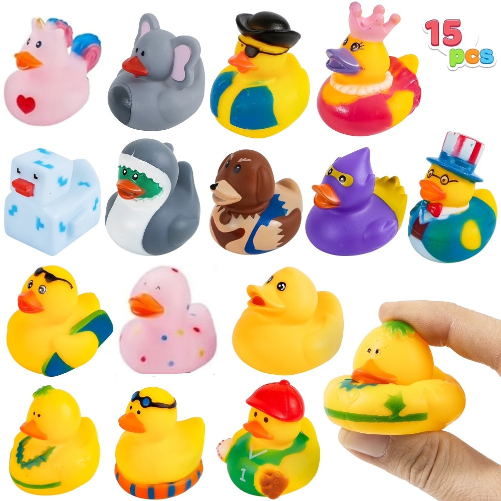 Mini Rubber Ducks 15 Pack with Mesh Bag – Assorted 2-Inch Multicolor Bath Duckies for Kids Birthday Party Favors, Pool Games, Baby Shower Decorations, Easter Basket & Goodie Bag Stuffers