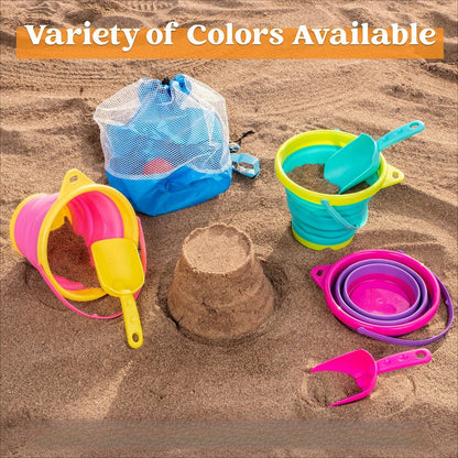 Collapsible Beach Bucket Set 3-Pack with Shovels & Mesh Backpack – Foldable Sand Pail Kit for Kids, Beach Camping Travel Fishing Outdoor Toy, Birthday Party Favor Gift (Yellow/Blue/Green or Pink/Purple/Green)