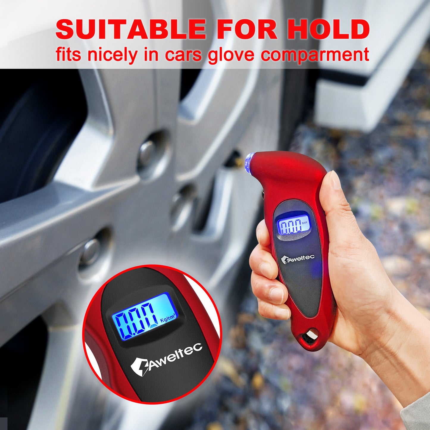 Digital Tire Pressure Gauge 2-Pack, 150 PSI with Backlit LCD, 4 Modes & Non-Slip Grip – Fits Car, Truck, Motorcycle & Bicycle – Red/Silver/Black