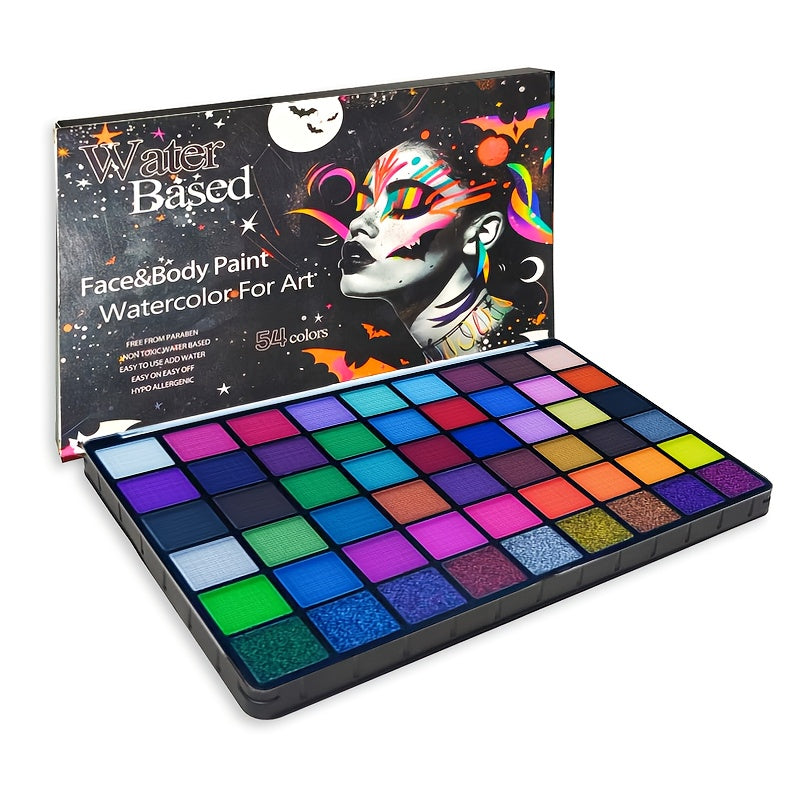 54 Color Face & Body Paint Kit with UV Fluorescent, Matte & Glitter Shades — Pattern Templates, Brushes & Tattoo Stickers for Sports, Cheerleading, Halloween, Festivals & Parties