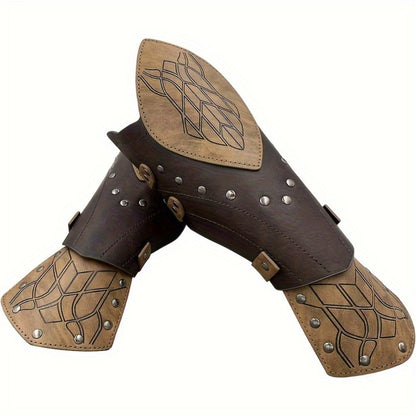 Elf Arm Guards 2pcs Medieval Embossed Faux Leather Fantasy Buckle Armor – Halloween Knight Gloves LARP Cosplay Renaissance Faire Role Play Costume Prop, Black