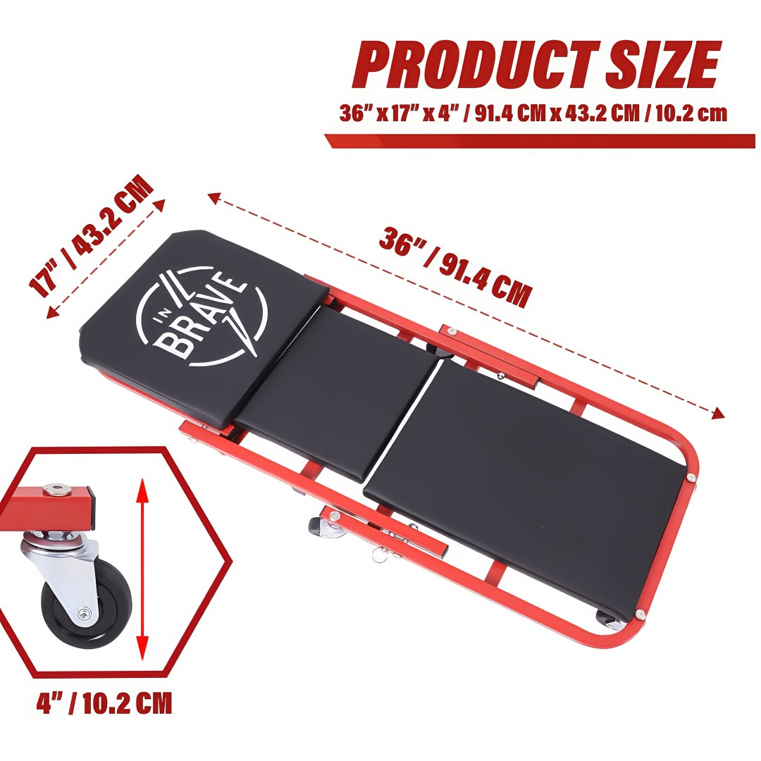 36" Heavy-Duty 3-In-1 Folding Crawler. Professional-Grade with Adjustable Z-Seat (Tilt/Recline). Features 6 Lockable Casters And A 350-650 Lb Capacity. The Essential Red/Black Tool for Multi-Purpose Automotive Repair