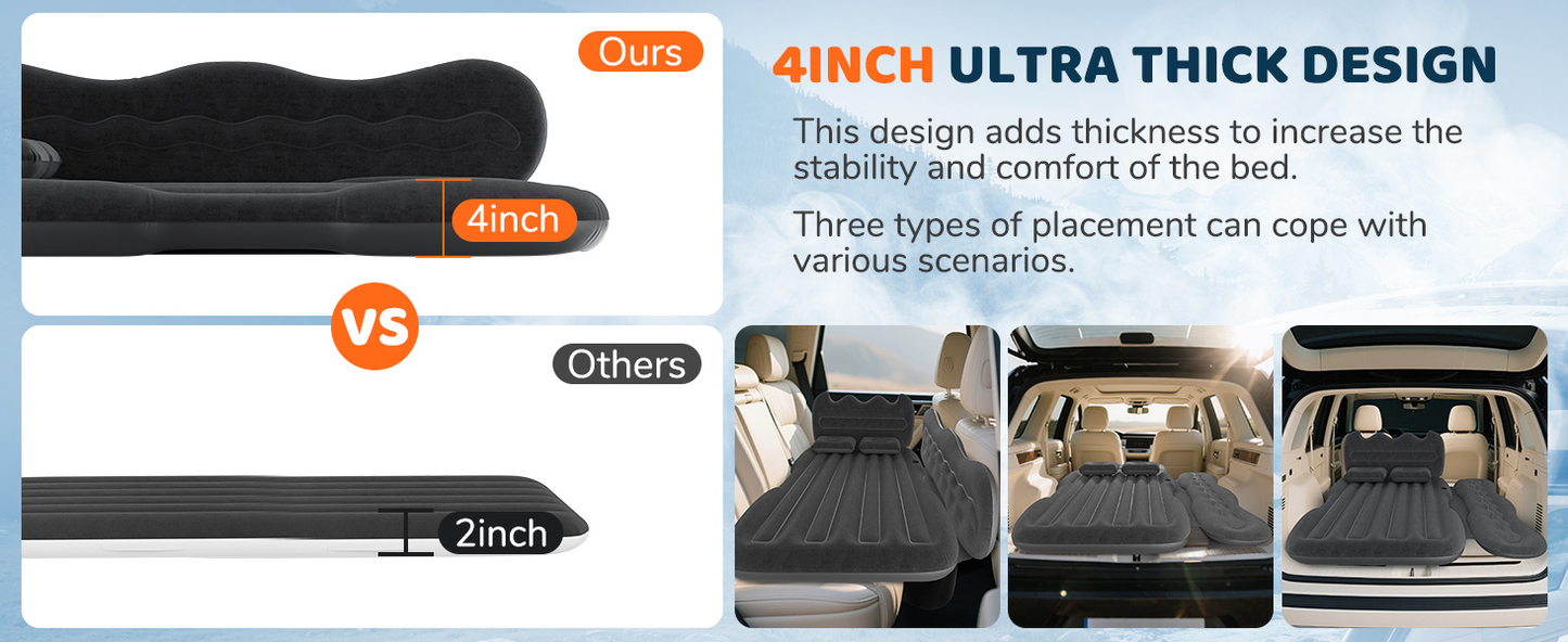 Inflatable Car Air Mattress for SUV, Truck & Back Seat – Fast Inflate Portable Camping Bed with Pillow, Air Pump & Carry Bag for Road Trips & Car Camping