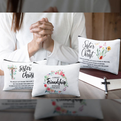Sisters in Christ Makeup Bag Set 12 Pcs Inspirational Christian Cosmetic Bags Faith-Based Gift for Women Birthday Valentine Mother's Day Secret Sister Church Group