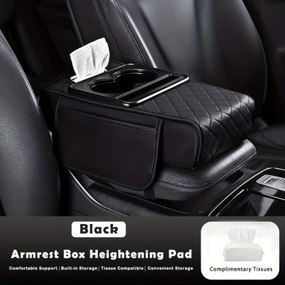 Car Armrest Box Cover PU Leather Center Console Mat – 2 Side Pockets 2 Cup Holders Tissue Storage, Universal Fit Most Car Models, Multi-Function Interior Organizer for Women