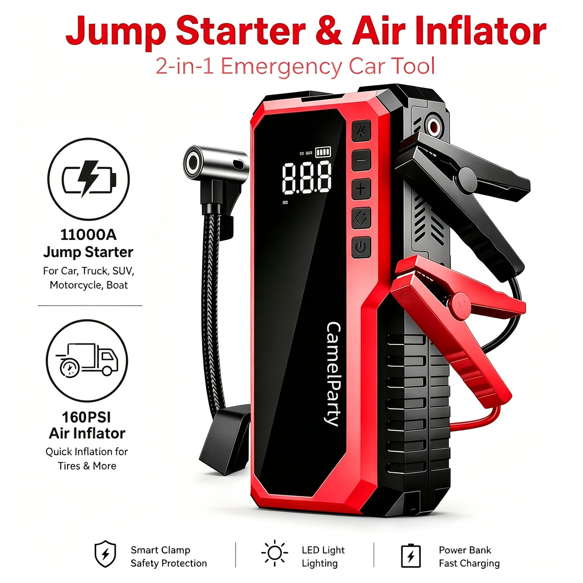 6000A/11000A Peak Jump Starter with Digital Tire Inflator Air Compressor, Multi-Function Car Jump Box Equipped with Smart Anti-Burn Battery Clips & LED Flashlight, Portable Emergency Power Bank for Car, RV, Motorcycle Vehicle Roadside Tools, Giftable
