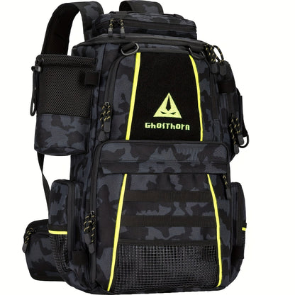 Large Fishing Tackle Bag with 4 Tackle Boxes – 43L Backpack with Rod Holder, Detachable Waist Pack & Gear Storage for Men Women | Black, Khaki & Camo