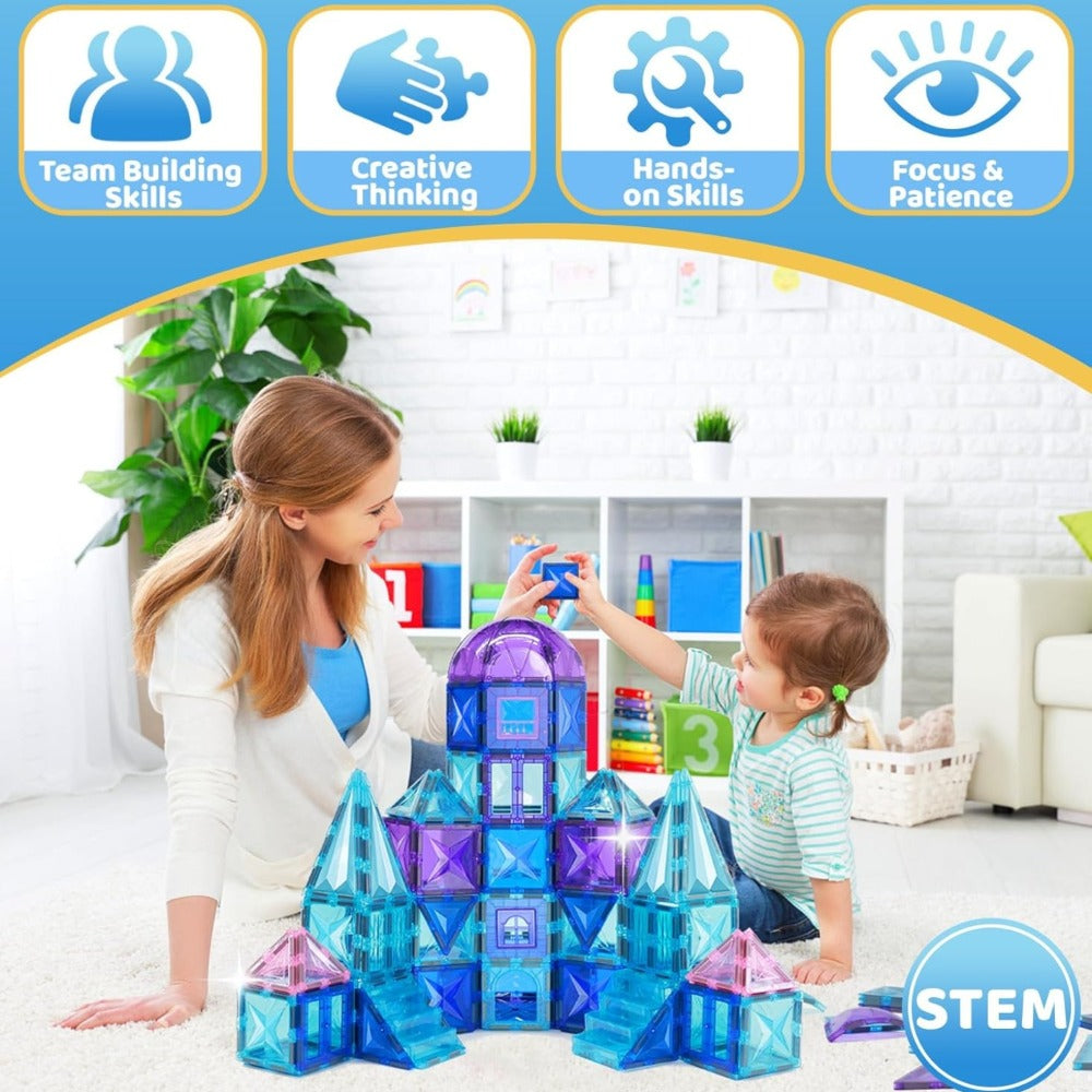 Castle Magnetic Tiles Building Set 102 or 116 Pcs – 3D STEM Sensory Blocks, Pretend Castle Playset for Preschool Boys & Girls Ages 3+, Early Learning & Creative Construction Toy Gift
