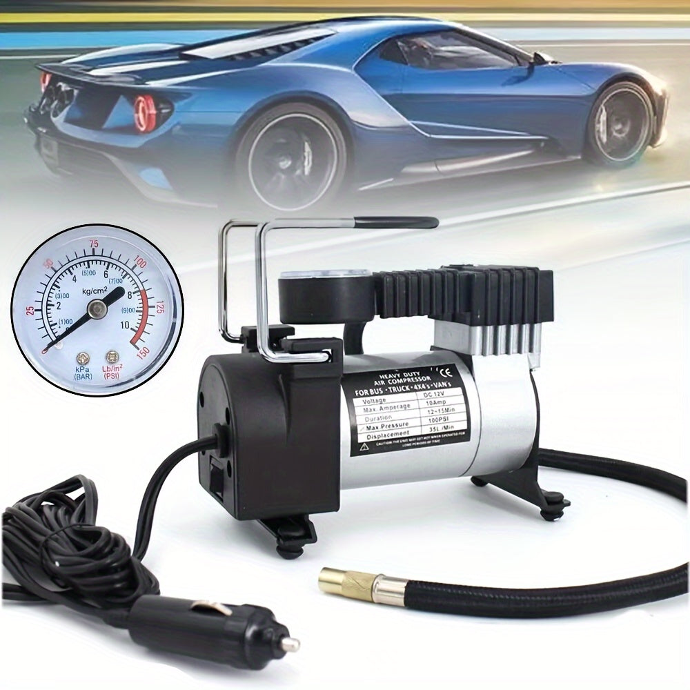 Vehicle Air Compressor with Pressure Gauge, Suitable for Single Cylinder 150 PSI 12V DC Portable Tire Inflator for Cars, Trucks, Buses, Bicycles, And Other Vehicles, Without Battery
