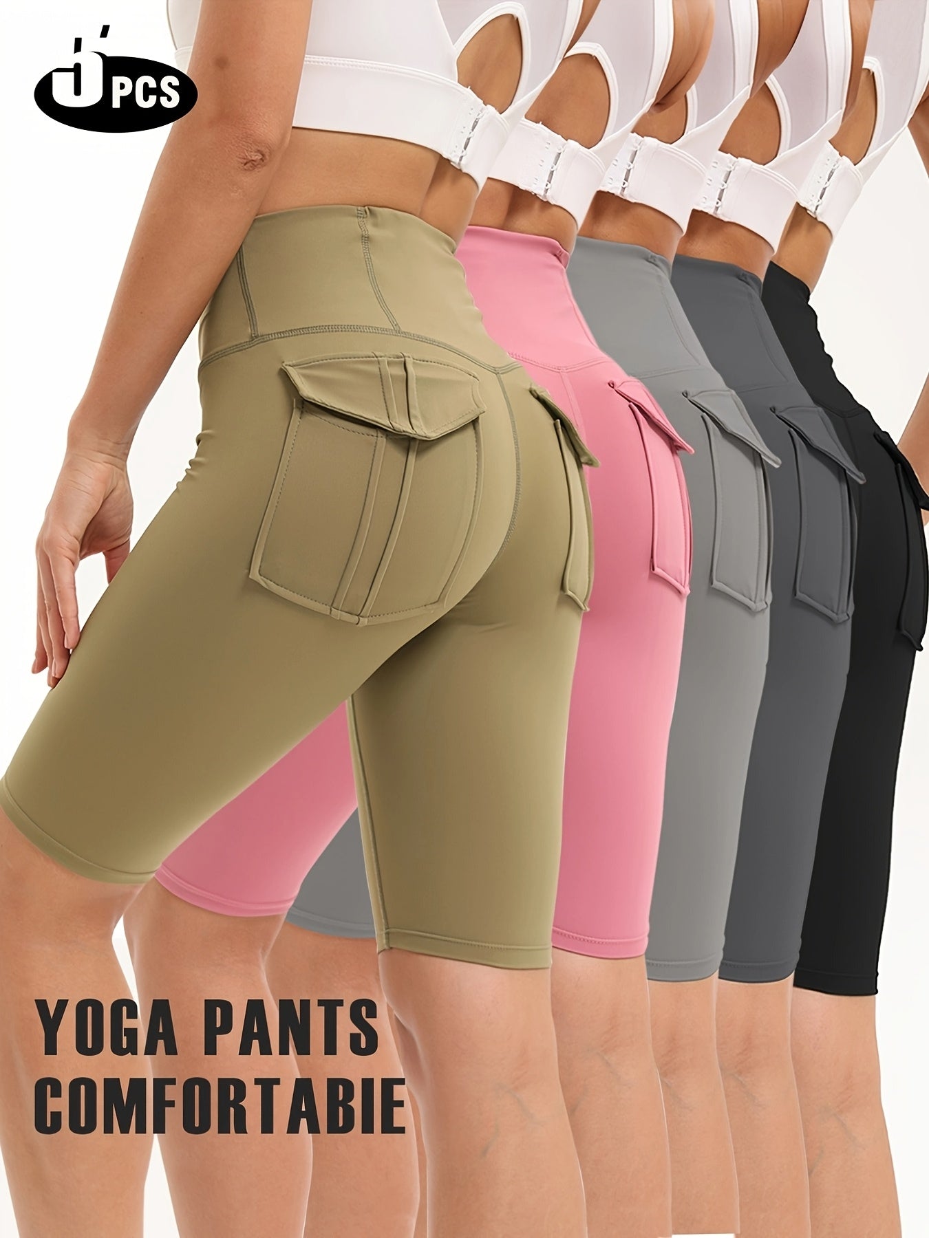 Women's 5Pcs 3black+Armygreen+Rose High-Waist Leggings - product view 26