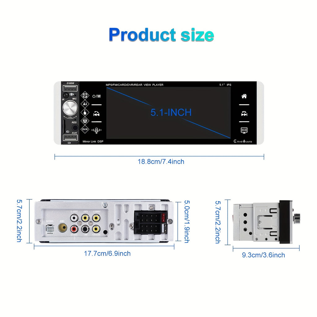 5.1 Inch Wireless Carplayer Car Stereo Single Din Touch Screen Car Radio with Wireless, Wireless Android Auto Mirror Link AM FM EQ SWC, Car Audio Receiver with USB/TF/AUX-in, Mic, Backup Cam