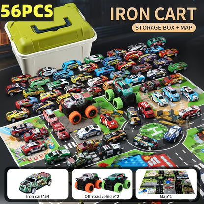 56 Pcs Mini Die-Cast Metal Car Set with 2 Stunt Cars, Play Mat & Storage Box - Friction Pull Back Toy Cars for Kids Boys Girls Ages 3+, Birthday Christmas Halloween Gift