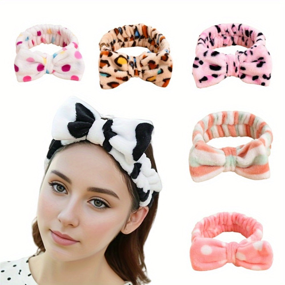 Bow Skincare Headbands for Women 6 Pack Patterned Soft Fabric Elastic Hair Bands for Makeup Spa Shower Face Washing Skincare Routine Beauty Accessory Gift Set for All Hair Types Teens Girls