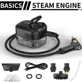 Black steam cleaner + 3 brush heads + glass scraper