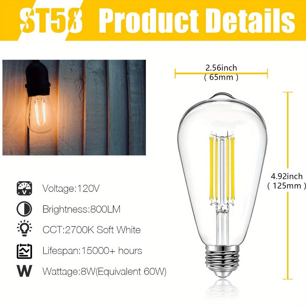Edison Bulbs LED Vintage, 8W 60W Equivalent Dimmable E26 Base, 800 Lumens 2700K Warm White, 80+ CRI Antique Filament Style LED Edison Light Bulbs for Home Bedroom Office Cottage Living Room, 12 Pack