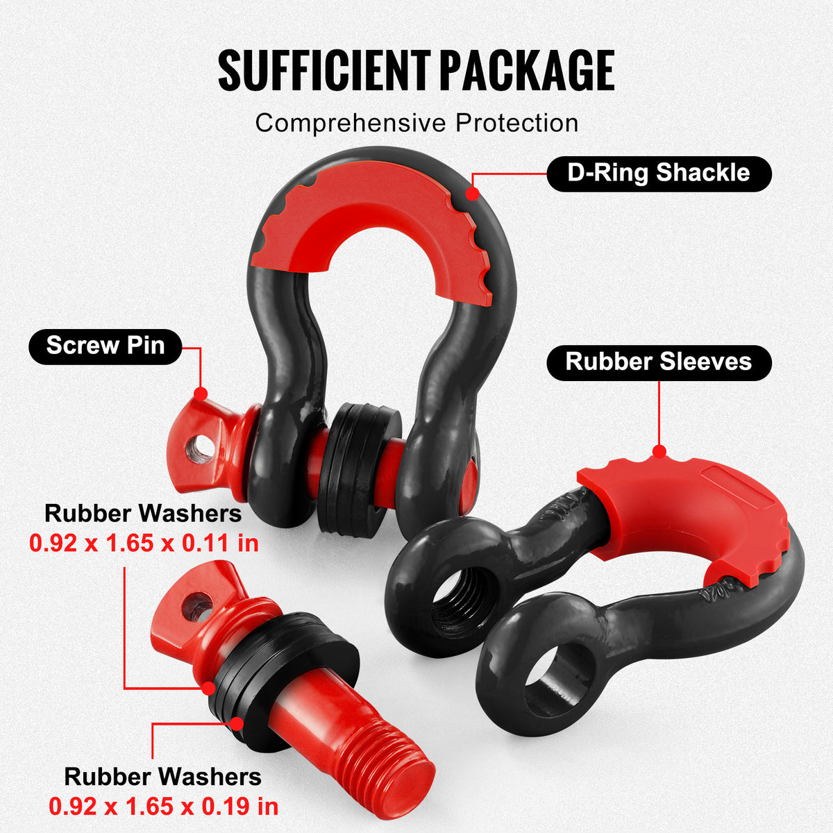 VEVOR 3/4" D-Ring Shackle, 2 Pack Alloy Steel Shackles 62832 lbs (28.5 Ton) Break Strength with 7/8" Screw Pin, Isolators & Washers, Heavy Duty Off Road Vehicle Recovery Shackle for Jeep Truck,Orange/Black/Red