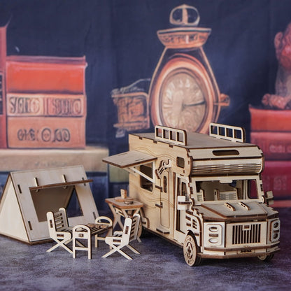 Wooden RV Model Kit – 3D Puzzle Camping Car DIY Assembly Building Toy for Adults & Teens, Laser-Cut Motorhome Craft, Unique Birthday Gift for Camping Lovers Friends Family