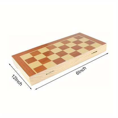 Wooden Folding Chess Set 12 Inch – Handmade Portable Chessboard 30x30cm with Game Pieces, Classic Strategy Board Game for Adults Kids, Home Travel Gift