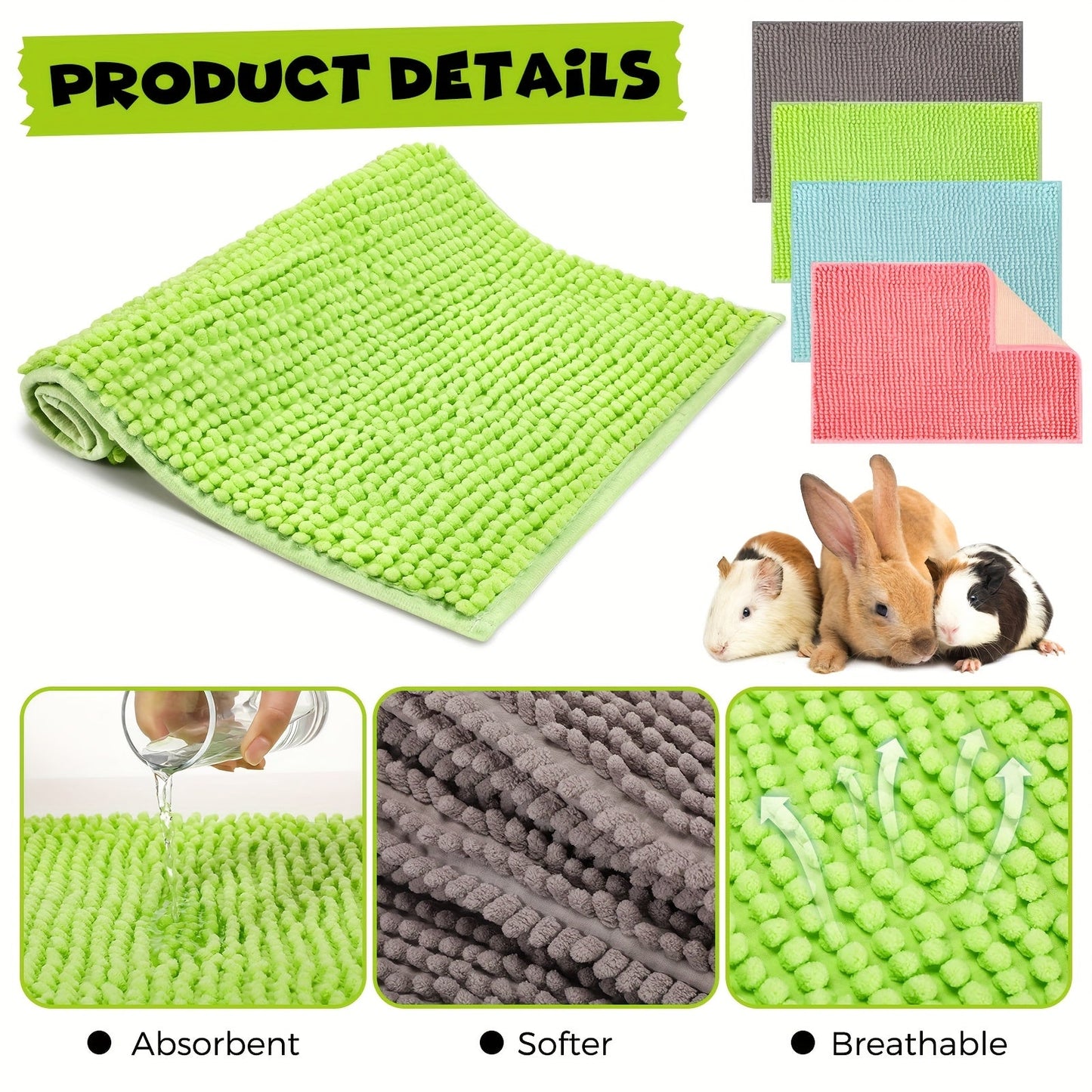 Guinea Pig Cage Liner 8 Pack Reusable Washable Bedding Mat 16x12 Inch, Absorbent Small Animal Cage Pad for Guinea Pig Rabbit Hamster, Training Pad Sleeping Mat in Gray Green Pink Blue