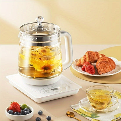 Multifunctional Electric Kettle 1.8L – Thick Glass Health Kettle with 18 Smart Functions, Boil Water, Make Coffee, Cook Porridge & Steam Eggs, Removable Filter, Tea Set Included, US Plug – White