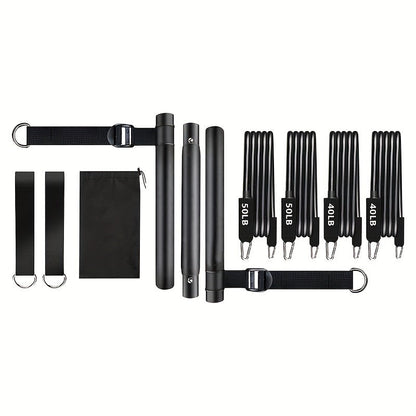 3-Section Pilates Bar Kit – 4 TPE Resistance Bands (40-50 lbs), 2 Ankle Straps & Storage Bag for Legs, Hips, Waist & Arm Yoga Stretching Fitness