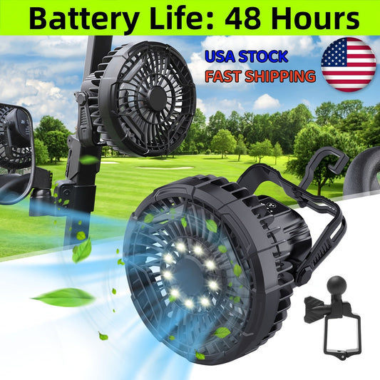 Portable Battery Golf Cart Fan with LED Lantern – 10400mAh Rechargeable, 48H Runtime, 360° Adjustable Head, 3-Speed Remote Control, USB & Type-C, Fits All Square Tube Frames, for Golf, Camping & Fishing