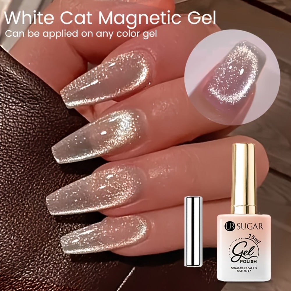 White Glitter Cat Eye Gel Polish Set 2pc Sparkling Magnetic with Stick Included | Soak Off UV LED 0.51oz Each Semi-Permanent 3D Nail Art | Salon & Home DIY Manicure Kit for Women Beginners
